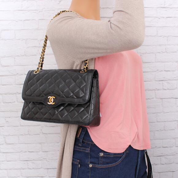 Chanel Paris Limited Two Tone Double Flap Black Lambskin Leather Shoulder A5106 - Picture 3 of 12